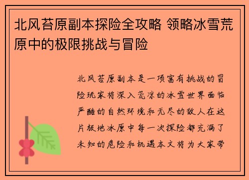 北风苔原副本探险全攻略 领略冰雪荒原中的极限挑战与冒险