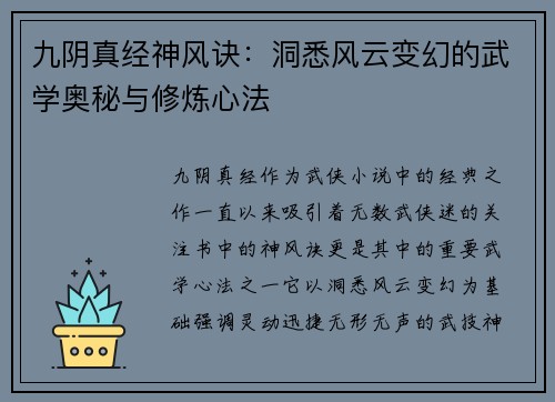 九阴真经神风诀：洞悉风云变幻的武学奥秘与修炼心法