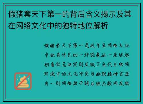 假猪套天下第一的背后含义揭示及其在网络文化中的独特地位解析